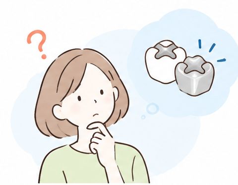金属の詰め物を見て考える女性のイラスト