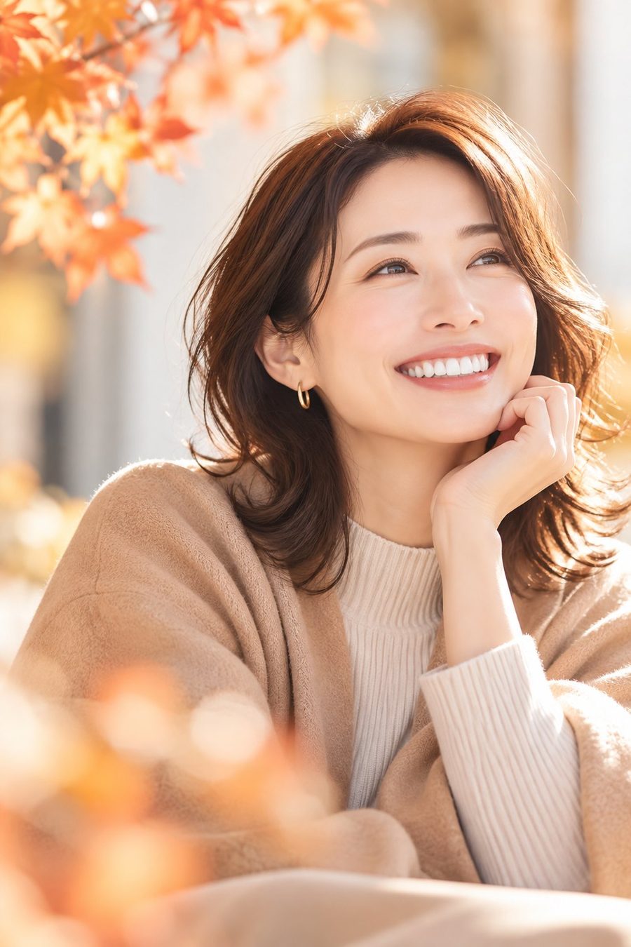紅葉を背に、白い歯で微笑む女性